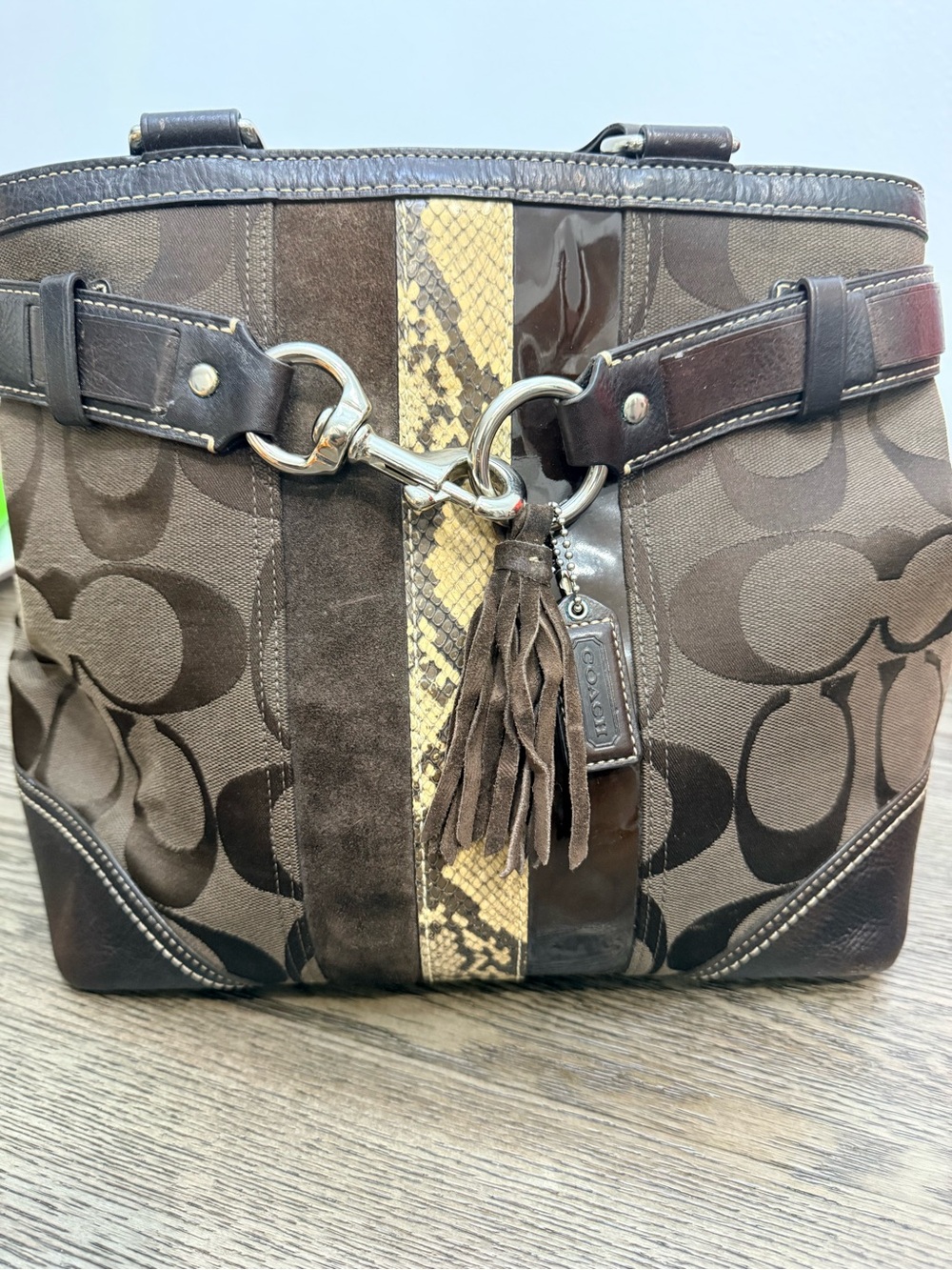 Coach Brown Signature Shoulder Tote with Snakeskin Stripe and Tassel